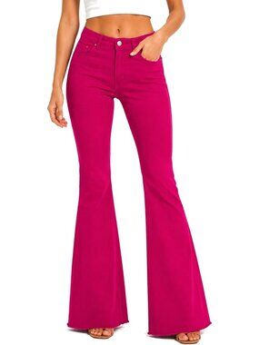 High Rise Stretch Flare Jeans with Raw Hem | Bell Bottom Denim Pants for Women